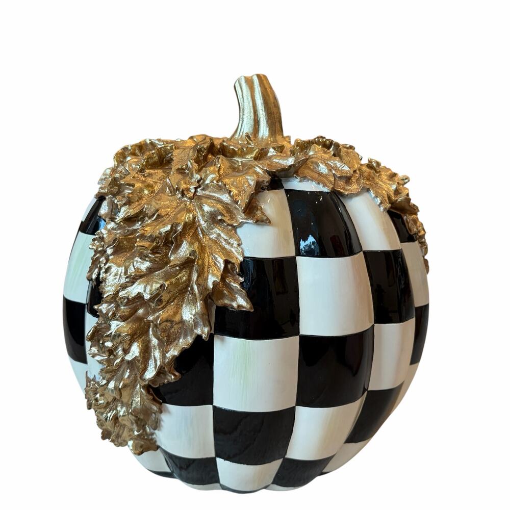 NEW MacKenzie Childs Courtly Check Gold Foliage Pumpkin 11.5" H in Original Box - Picture 16 of 16